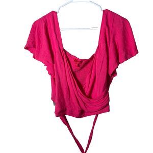 Guess Blouse Women's Large Pink Smocked Cropped Wrap Short Sleeve Tie Top